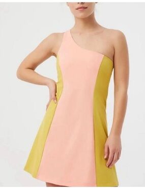 Outdoor Voices One-Shoulder Colorblock Exercise Dress in Pink and Yellow